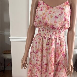 Emerald Sundae Pink and Orange Ruched Asymmetrical Sundress